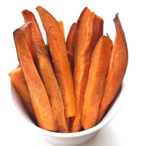 baked sweet potato fries in white bowl