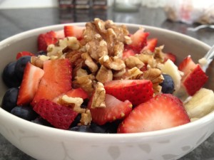 holiday breakfast with yogurt, fruit, and walnuts