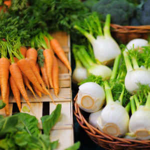 Fresh healthy bio fennel and carrots on Paris farmer agricultural market to use for sustainable cooking