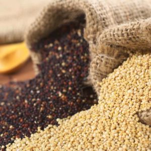 ancient grains and seeds in burlap bags