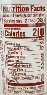 Justins peanut butter nutrition label